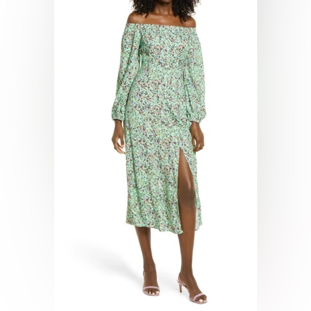 NWT Off the Shoulder Long Sleeve Green Garden Dotsy Dress